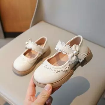 Girls Flat Shoes Fashion Ruffled Edge Elegant Kids Leather Shoe Thick Bottom Bowknot Mary Janes Sweet Children Princess Shoes 23 бежевый
