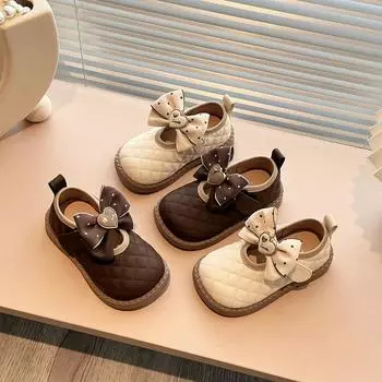 Girls Flat Shoes Spring Autumn Kids Leather Shoe Fashion Sweet Love Bowtie Causal Children Princess Shoes for Wedding Party New 21 коричневый