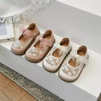 Girls Flowers Leather Shoes for Party Wedding Fashion Kids Performance Shoes with Bowtie Air Mesh Children Mary Janes Shoes 23 розовый