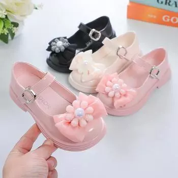 Girls Flowers Pearls Princess Shoes Kids Elegant Leather Shoes for Party Wedding Fashion Simple Children Shallow Loafers Chic 26 бежевый