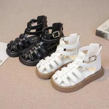 Сандалии-гладиаторы для девочек, модная детская обувь с полыми носками, детская летняя пляжная обувь для принцесс, размер 26-36, нескользящая 26 чёрный