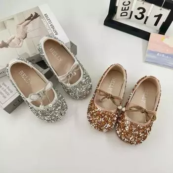 Girls Glitter Shoes for Wedding Party Kids Flat Rhinestone with Pendant Princess Sweet Little Children Dress Shoes Elastic Band 21 серебряный