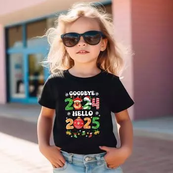 Girls Goodbye 2024, Hello 2025 Pattern Printed Short Sleeve T-shirt Summer Children s Casual T-shirt 1-2Y чёрный