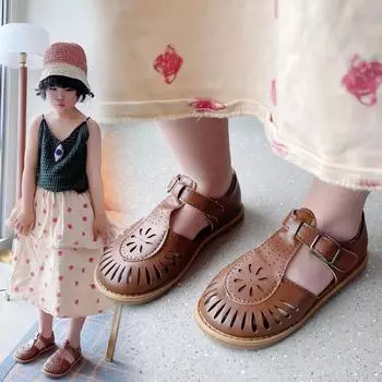 Girls Half Sandals 2024 Spring Summer British Style Children Beach Shoes Cut-outs Kids Flat Shoes Sandals 22-36 Princess Vintage 22 бежевый