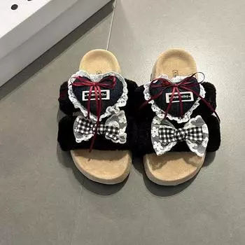 Girls heart bow fashion fluffy shoes women s autumn and winter new thick-soled heightening cotton slippers 35