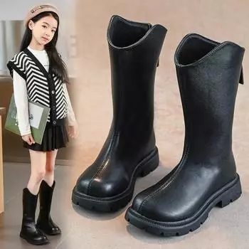 Girls High Boots with British Style Toddler Kids Princess Leather Boots Solid Color Versatile 2024 Children Long Boots Mid-calf 26 чёрный