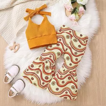 Вязаный топ-труба для девочек с открытой спиной и подтяжками + расклешенные длинные брюки с волнистым цветком, осенняя детская одежда 90 жёлтый