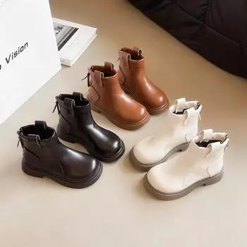 Ботинки из кожи для девочек, детские ботинки «Челси» с круглым носком, нескользящие, модные детские черные коричневые короткие ботинки, простые, нескользящие, новинка 2024 года 26 коричневый