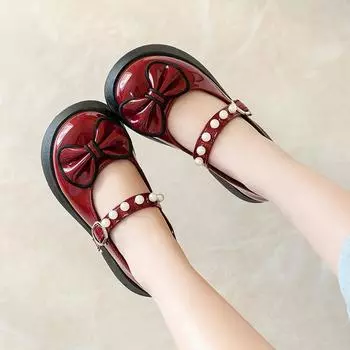 Girls Leather Shoes Black British Style Pearls Bow Children Casual Shoes 2024 Spring New Versatile Glossy Princess Party Wedding 23 чёрный