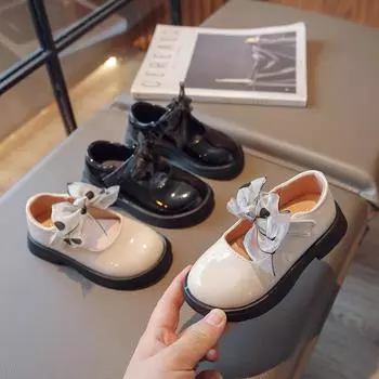 Girls Leather Shoes for Dancing Party Wedding Black School Kids Flats with Lace Bowtie Princess Sweet Fashion 2024 Spring 26-36 26 бежевый
