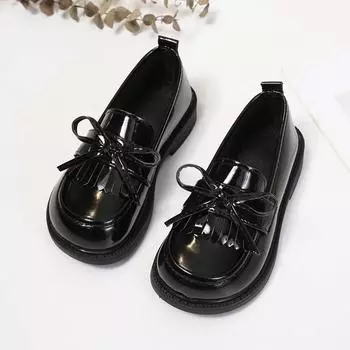 Girls Leather Shoes for Party Wedding Children Loafer for School Soft Soles Simple Kids Fashion Tassels Bow Non-slip Casual Shoe 26 чёрный