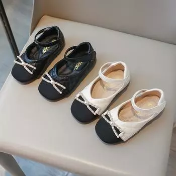 Girls Leather Shoes for Party Wedding Children Shallow Princess Shoes Fashion Kids Pearls Performance Shoes with Bow-knot 23 чёрный