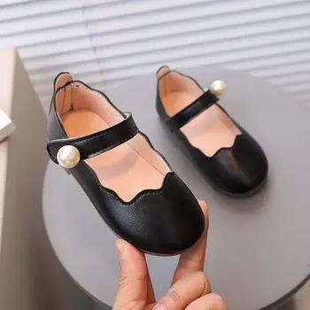 Girls Leather Shoes for Party Wedding Solid Color Kids Princess Shoes with Big Pearl Round-toe Children Shallow Moccasin Shoes 21 бежевый
