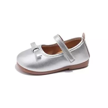 Girls Leather Shoes Soft Princess Cute Sweet Kids Flats with Bowtie Mary Janes Children Kindergarten Shoes Silver Brown Beige 21 бежевый