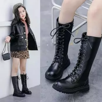 Girls Long Boots Black Fashion Children Motorcycle Boots Classic Kids Rubber High Warm Princess Boots 2024 Autumn Winter New 27 чёрный