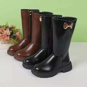 Girls Long Boots Black Fashion Kids Leather High Boots 2024 Autumn Winter Fashion Warm Fur Children Motorcycle Boots Classic 26 коричневый