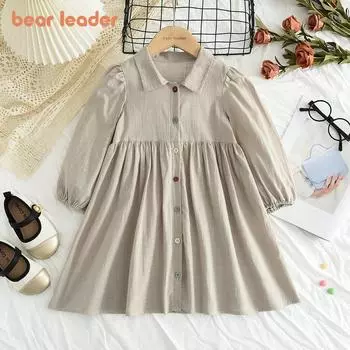 Girls Long Sleeved Dress Bear Leader 3-7 Years Khaki Single Breasted Cotton Dresses QZ228 3T