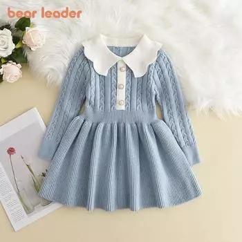 Girls Long Sleeved Dress Bear Leader 3-7 Years Doll Collar Knitted Dresses AH9412 3T