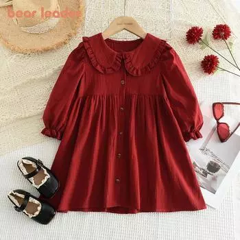 Girls Long Sleeved Dress Bear Leader 3-7 Years Red Retro Cotton Dresses QZ230 3T