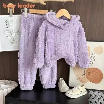 Girls Long Sleeved Suit Bear Leader 3-7 Years Purple Plush Flower Jacquard Top + Pants Two-piece Set TZ266 3T