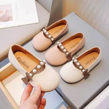Girls Mary Janes for Party Wedding PU Pearls Bow Simple Children Fashion Leather Shoes Kids Sweet Princess Shoes Non-slip 2024 23 розовый