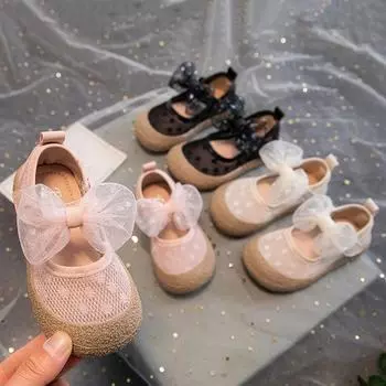 Детские модные универсальные сетчатые туфли Мэри Джейн с бантом из сетки для девочек, лето и весна 2024, новые детские туфли принцессы на плоской подошве 21 чёрный