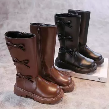 Girls Mid-Calf Boots Elegant Bowknot Children Fashion Princess Boots Sweet Spring Autumn Kids Causal Boots Patchwork Round-toe 27 коричневый