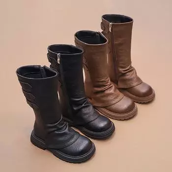 Girls Mid-calf Boots Fashion Classic Children Long Boots Simple Thick Bottom Versatile Kids Causal Leather Boots 2024 New Hot 26 чёрный