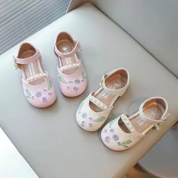 Girls National Shoes Kids Flats Ethnic Embroidery Flowers with Pearls Beaded Princess Sweet Fashion Children Party Shoes Soft 26 бежевый