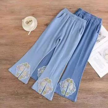 Girls Pants Summer Thin Flared Pants Elastic Split Jeans 110 светло-синий