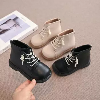 Girls Pearls Princess Leather Boots Fashion Children Warm Cotton Boots with Pearls Elegant Kids Short Boots 2024 Winter New 23 чёрный