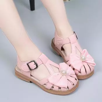 Girls Pearls Sandals Bow-knot Cut-outs Breathable Kids Flat Sandals Toe-capped Children Hollow Beach Shoes Rhinestone Princess 21 бежевый
