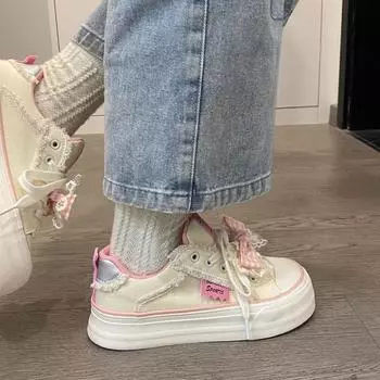Girls pink canvas shoes children spring and autumn 2025 new Korean version ins bow platform versatile casual shoes 35 бежевый