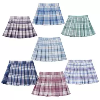 Girls Pleated Grid Skirt Elastic Waist Anti Slip Lining Versatile All Match Casual Play Skirt розовый