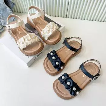 Босоножки для девочек с плиссировкой и жемчугом, открытые носки, детские туфли принцессы Мэри Джейн для вечеринки, свадьбы, летняя пляжная обувь, простые 23 чёрный