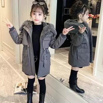 Girls Plush Velvet Fur Collar Coats Children s Winter Warm Hooded Outerwear Teenager Padded Parka 170