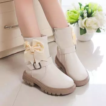 Ботинки принцессы для девочек, детские модные ботинки с бантом и металлической пряжкой, молнией сбоку, резиновая подошва, 2024, осень-зима, новые, милые, мягкие 27 бежевый