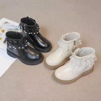 Girls Princess Boots with Bow-knot Children Short Leather Boots Sweet Lace Elegant Fashion Kids Ankle Boots Thick Bottom 2024 26 бежевый