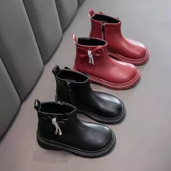 Girls Princess Boots with Sweet Bow Kids Ankle Boots Solid Color Versatile 2024 Autumn New Girls Short Boots Thick Soft Sole 26 чёрный