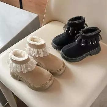 Girls Princess Cotton Boots Sweet Winter Children s Boots Elegant Lace Ruffled Edge Kids Fashion Causal Ankle Boots Versatile 23 чёрный