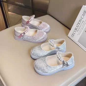 Girls Princess Crystal Shoes Children Performance Shoes Fashion Kids Shiny Pearls Catwalk Shoes 2024 Spring Autumn New 26 серебряный