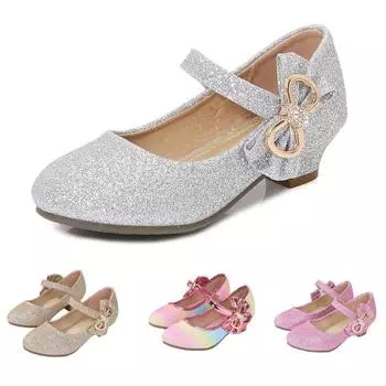 Girls Princess Flats Low Heel Dress Shoes Mary Glitter Wedding Party Sparkling 26 разноцветный