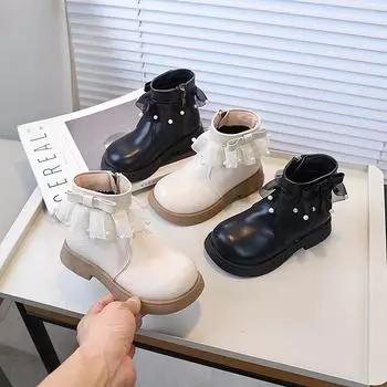 Girls Princess Leather Boots Sweet Chic Children Fashion Boots Elegant Lace Ruffled Edge Kids Ankle Boots Thick Bottom Fashion 23 чёрный