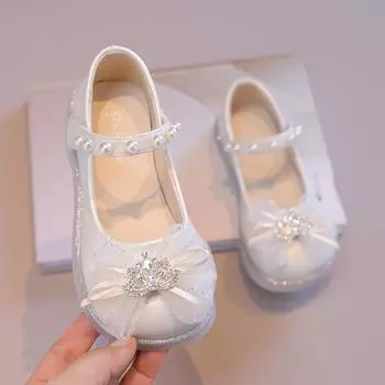 Girls Princess Leather Shoes 2024 New Elegant Sweet Kids Ballet Flat Shoes for Wedding Lace Bowknot Children Dress Single Shoes 26 розовый