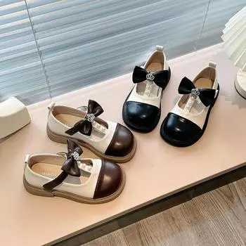 Girls Princess Leather Shoes 2024 New Kids Flat Shoes Sweet Bowtie Children s Causal School Cut-outs Shoes Fashion Versatile 21 коричневый