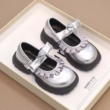 Girls Princess Leather Shoes Elegant with Ruffles Pleated Bow-knot Sweet Kids Dress Shoes for Wedding Party Thick Sole Chic Soft 26 чёрный