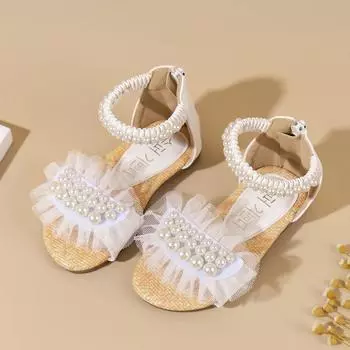 Girls Princess Sandals with Mesh Pearl Kids Summer Flat Shoes with Back Zip Girls Beach Shoes for Vacation Soft sole Comfortable 21 белый