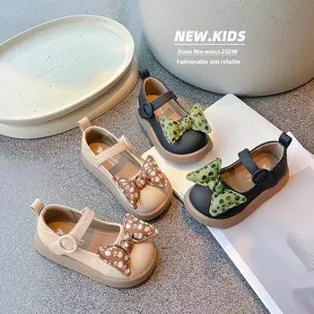 Girls Princess Shoes Casual Soft Sole Kids Flat Shoes with Sweet Bow 2024 New Fashion Girls Dance Shoes Solid Color Versatile 26 бежевый