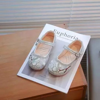 Girls Princess Shoes Chinese Embroidered Kids Leather Shoes with Sweet Butterfly 2024 New Children Flat Shoes with Shiny Sequins 23 синий