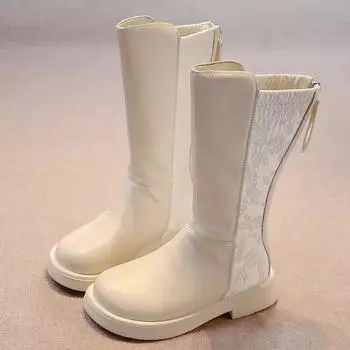 Туфли принцессы для девочек с молнией сзади, детские длинные сапоги с вышивкой, элегантные, 2024, новые высокие сапоги, нескользящие, модные для детей 26 бежевый